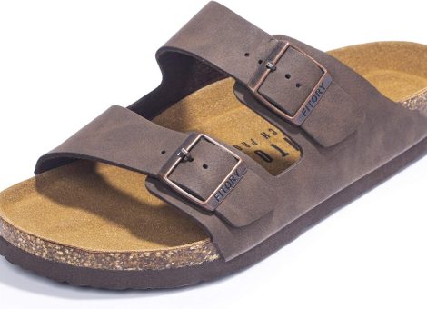 Mens Sandals, Arch Support Slides with Adjustable Buckle Straps and Cork Footbed Size 7-14.5