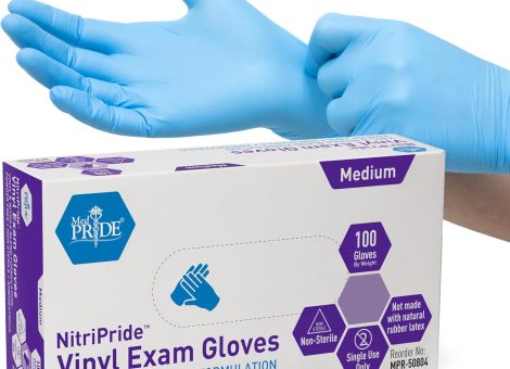 MED PRIDE NitriPride Nitrile-Vinyl Blend Exam Gloves, Medium 100 – Powder Free, Latex Free & Rubber Free – Single Use Non-Sterile Protective Gloves for Medical Use, Cooking, Cleaning & More